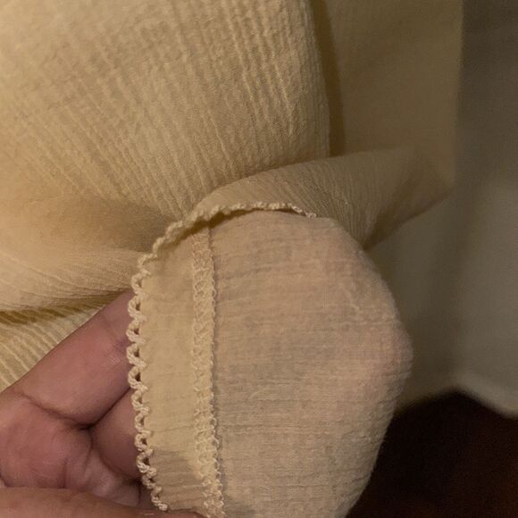 fp S Pale Yellow On The Island Crochet Yoke High Neck Sheer Mesh Bell Sleeve Top - Picture 9 of 14